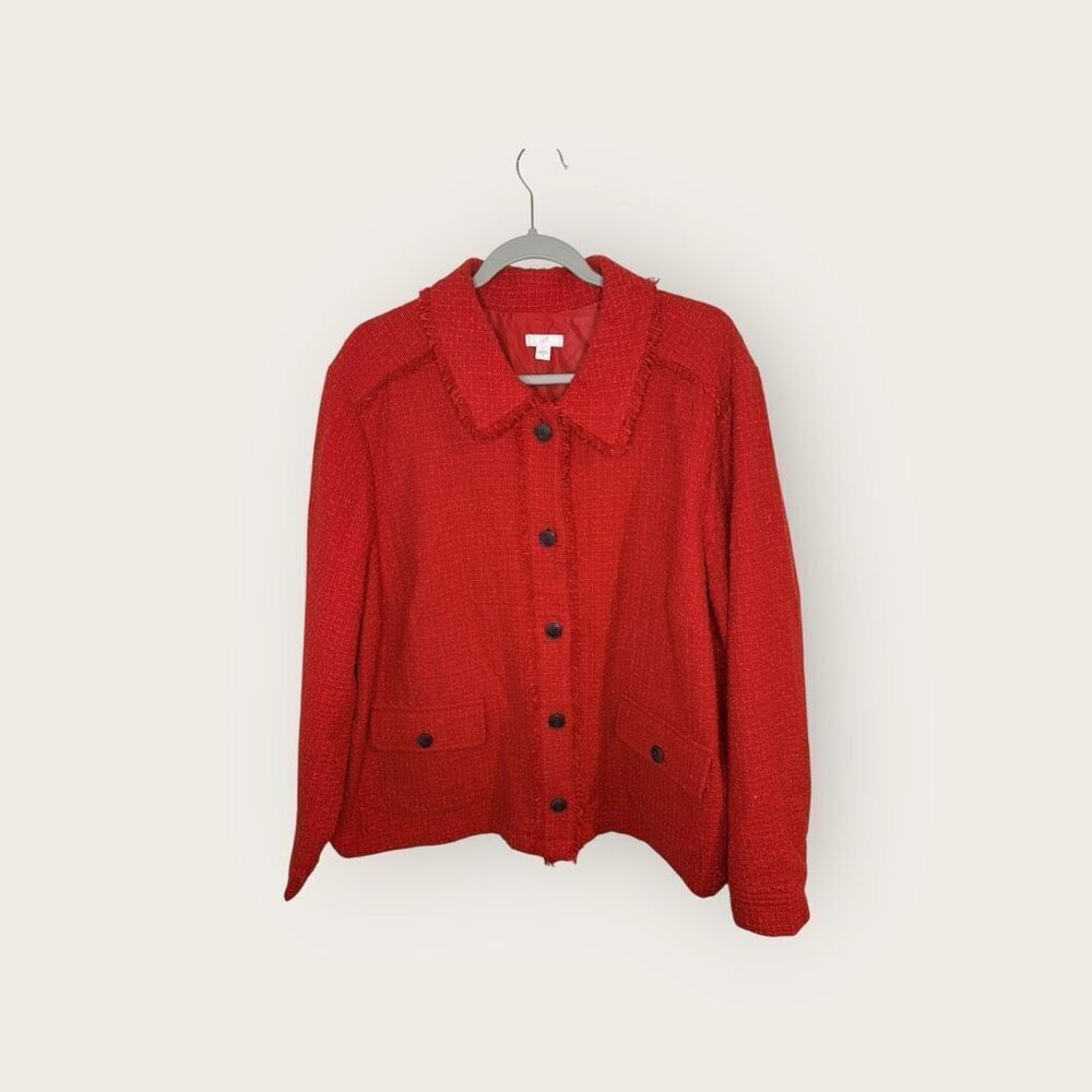 J.Jill Ruby Red Textured Tweed Button Front Fringe Jacket Size 3X